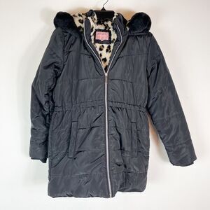 BCBG Girls Faux Fur Trim Thumb Holes Hooded Puffer Coat Black Size L